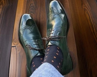 Handgemaakte groene leren Oxford-brogueschoenen voor heren: formele vleugeltip heren