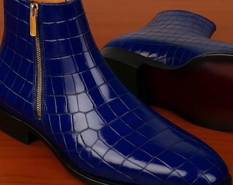 Handmade Blue Texture Leather Chelsea Boots: Men's Formal Ankle Buckle Jumper Boot