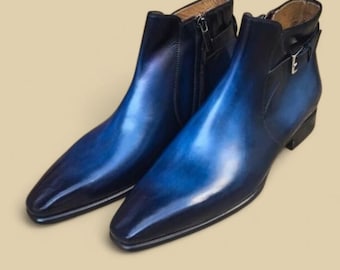 Handmade Two Tone Blue Leather Chelsea Boots: Men's Formal Ankle Buckle Jumper Boot