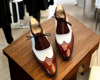 Handmade Leather Oxford Brogue Shoes: White & Brown Men's Bespoke Wingtip Shoe