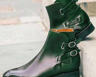 Handmade Green Leather Chelsea Boots: Men's Bespoke Side Double Buckle Slip On Ankle Boot