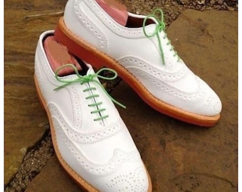 Handmade White Leather Oxford Brogue Shoes: Men's Formal Wingtip