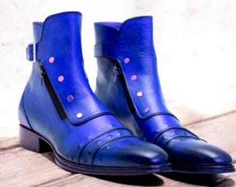Handmade Blue Leather Chelsea Boots: Men's Bespoke Side Buttons Slip On Ankle Zip Boot