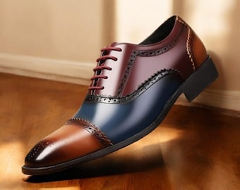 Handmade Three-Tone Leather Oxford Brogue Shoes: Men's Formal Whole Cut