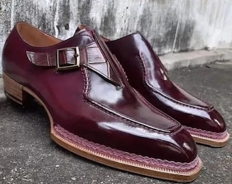 Handmade Burgundy Leather Oxford Men's Monk Strap Formal Shoes