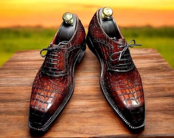 Handmade Alligator Texture Leather Bespoke Oxford Brogue Personalize Shoes