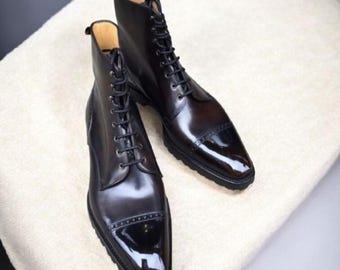 Handmade Black Leather Lace-Up Boots: Men's Oxford Ankle Long Boot