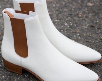 Handmade White Leather Chelsea Boots: Men's Formal Ankle Elastic Jumper Boot