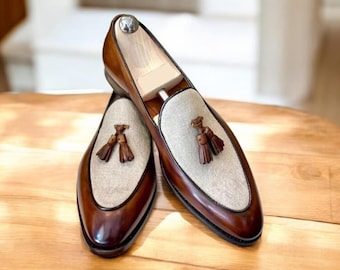 Handmade Two Tone Leather Tassel Loafers: Bespoke Leather Moccasins