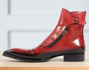 Handmade Red Leather Chelsea Boots: Men's Bespoke Side Buttons Slip On Ankle Zip Boot