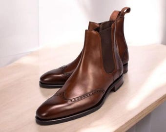 Handmade Brown Leather Brogue Chelsea Boots: Men's Ankle Jumper Boot