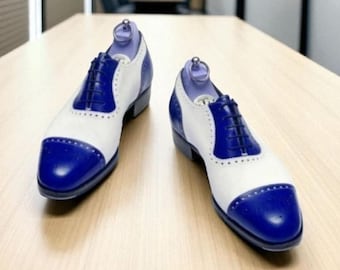 Ręcznie robione dwukolorowe skórzane buty typu oksford brogsy: męskie formalne buty z noskiem typu cap