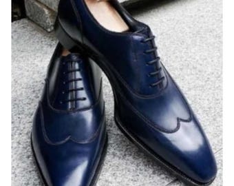 Sapatos Oxford Brogue de Couro Azul Feitos à Mão: Sapatos Sociais Masculinos