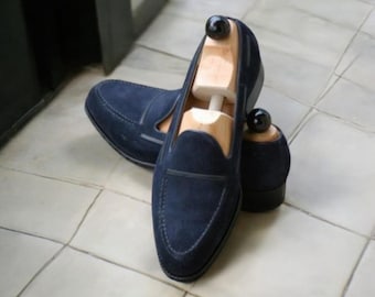 Handmade Blue Suede Leather Loafer Bespoke Slipper: Customized Men's Moccasin