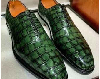 Handmade Leather Green Crocodile Printed Oxford Shoes: Men's Whole Cut Lace Up