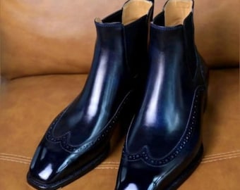 Handmade Bespoke Blue Leather Chelsea Boots: Men's Side Elastic Ankle Long Boot