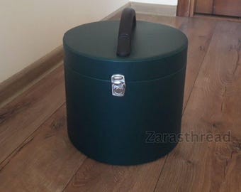 Round Hard-Shell Hat Box | Dark Green Faux Leather Storage Case | Circular Carry Case with Handle & Latch