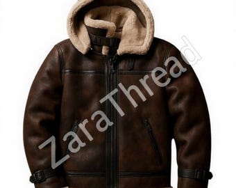 May include: A brown leather jacket with a beige faux fur-lined hood and collar. The jacket features a zipper closure, two front pockets, and buckle details on the sleeves. The text "ZaraThread" is visible on the jacket.