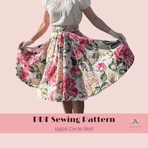 May include: A white circle skirt featuring a vibrant floral print with large pink and red roses, green leaves, and buds. The skirt has a high waistband and a full, flared silhouette. The text PDF Sewing Pattern 1950s Circle Skirt is visible.