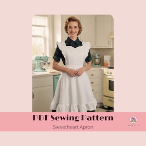 Patrón de costura en PDF para delantal estilo vintage con volantes y cintas largas y ajustables.