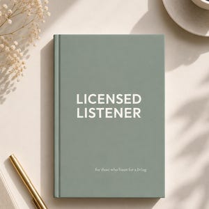 May include: A sage green notebook with the words "LICENSED LISTENER" in white. Below the title is the text "for those who listen for a living." A gold pen, a cup of coffee, and a small notebook are also visible.