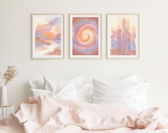 Set di 3 stampe astratte ad acquerello, set da parete in terracotta e lavanda, arredamento per camera da letto boho, arte rilassante di montagne e spirali, download digitale