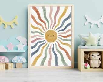 Arte de pared para guardería con diseño de sol bohemio, estampado de acuarela para habitación infantil, decoración de guardería en tonos tierra neutros, póster de regalo para baby shower de género neutro.