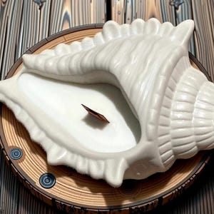 Peut inclure: Un bougeoir blanc en forme de coquillage avec une mèche en bois, posé sur une base en bois. Le bougeoir est une réplique détaillée d'un coquillage. La base présente un motif de grain de bois naturel et est ornée de deux petits accents circulaires bleu foncé.