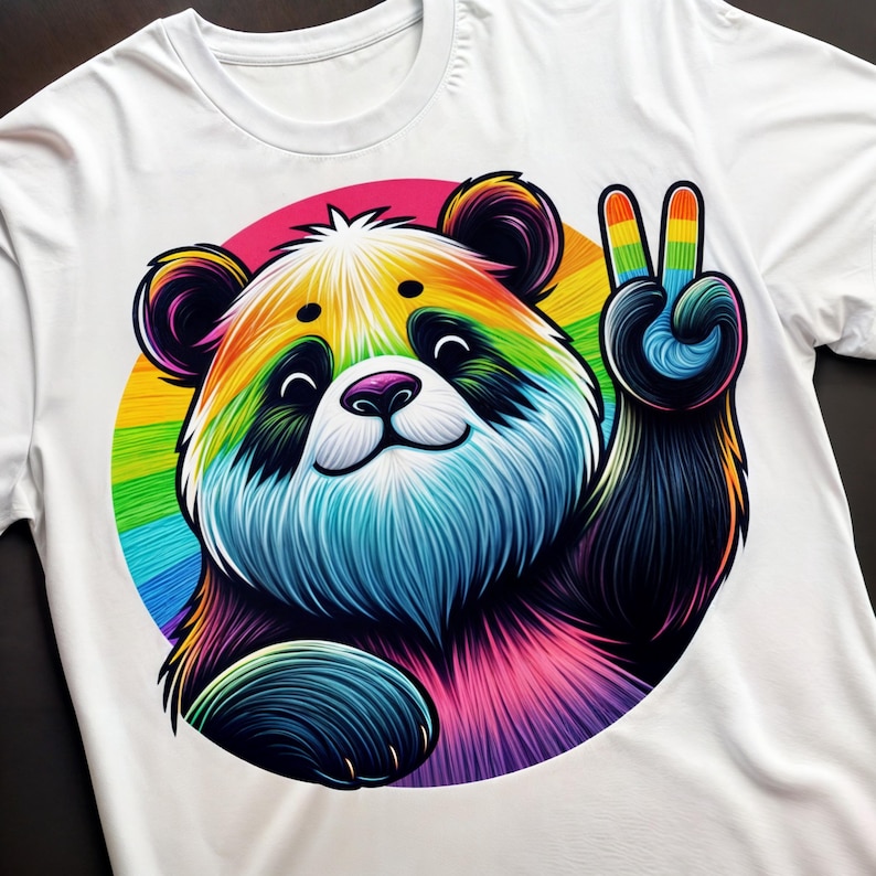 May include: White t-shirt featuring a colorful panda bear illustration. The panda has rainbow-colored fur and is giving a peace sign with its paw. The design is set against a rainbow-colored circular background.