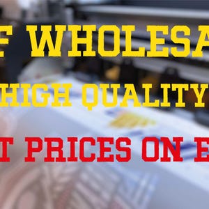 May include: Image with text: DTF WHOLESALE, HIGH QUALITY, BEST PRICES ON ETSY. The text is in yellow and red, with a blurred background of printing equipment. The image suggests a business offering DTF wholesale services.