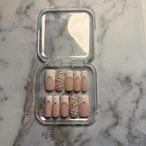 Long square belt nails, french tip, chain/rhinestone nails