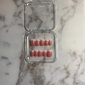 Può includere: Un set di unghie finte in una custodia di plastica trasparente. Le unghie sono rosa chiaro con punte bianche, che ricordano una manicure alla francese. La custodia è aperta, mostrando due file di unghie.