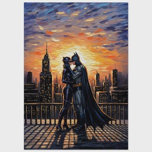Dark Knight and Feline Villainess Kissing, Gotham Skyline Comic Art, Romantic Superhero Couple Gift.