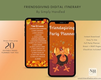 May include: Two smartphones displaying a Friendsgiving Party Planner. One shows a table of contents, the other features a turkey illustration. Text includes "Stress-free prep," "20 Editable Pages," and "Instant Download."