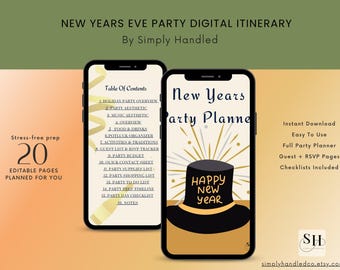 May include: Digital New Year's Eve Party Planner displayed on two smartphones. The planner includes a table of contents, party planning checklists, and guest RSVP pages. The design features a black top hat with "Happy New Year" text.