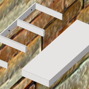 May include: A white floating shelf with a supporting bracket, and a separate rectangular shelf piece. The shelf and bracket are made of a light-colored material, possibly wood or composite. The shelf is designed for wall mounting.