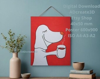 Dog Drinking Tea Poster, Funny Red Wall Art, Digital Download, Minimalist Dog Illustration, Tea Lover Gift, Modern Home Decor