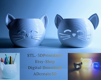 Cute Cat 3D Printing STL Set Pencil Holder and LED Light