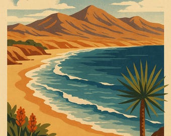 Op de afbeelding: Vintage reisaffiche met Fuerteventura, Canarische Eilanden. De illustratie toont een strand met blauwe golven, een palmboom en bergen onder een blauwe lucht met wolken. De tekst bovenaan luidt "FUERTEVENTURA" en "CANARY ISLANDS" onderaan.