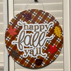 Placa de porta xadrez &quot;Happy Fall Y&#39;all&quot;: decoração de outono em madeira em camadas