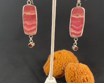 Rhodochrosite, Garnet and Silver Earrings