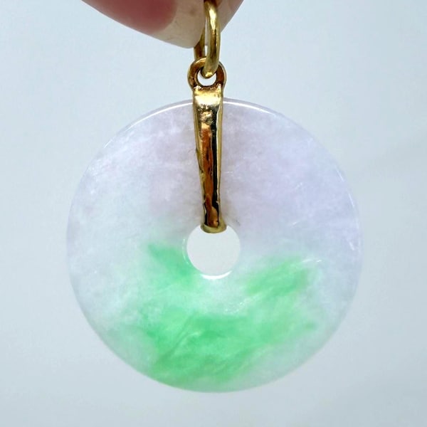 23.4mm Vintage Jade Pendant - Grade A Natural - "Fu Lu Shou" Peace Button - Lavender & Green Tricolor 18K Gold | 30-Year Hong Kong Legacy