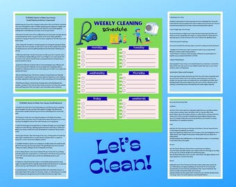 May include: A green and blue weekly cleaning schedule with the text "WEEKLY CLEANING schedule" and "Let's Clean!". The schedule includes sections for each day of the week, with blank spaces for notes and a vacuum cleaner illustration.