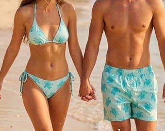 Matching Couple Swimwear Pineapple Print, Funny Summer Bikini and Swim Trunks, Tropical Beach Outfits, His and Hers Vacation
