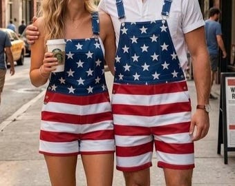 American Flag Overalls Shorts, Unisex Polyester Romper, Fourth of July Festival Apparel