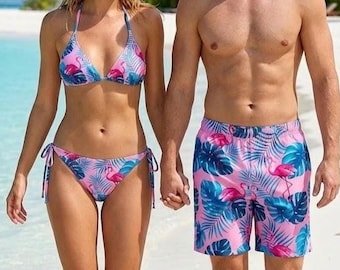 Costume da bagno coordinato per coppia con fenicottero rosa, completi estivi per lui e per lei, bikini tropicale e costume da bagno da uomo.