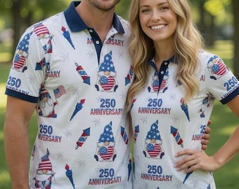 Polo American Gnome del 250 Aniversario, Camisa de golf del semiquincentenario de EE. UU. (1776-2026), Polo patriótico para hombre y mujer del 4 de julio