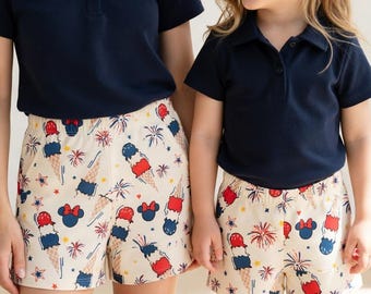 Pantalones cortos de Minnie Mouse con estampado de helados, conjuntos Disney para madre e hija, pantalones cortos Disney para el 4 de julio, ropa Disney a juego para madre e hija
