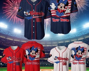Custom Minnie Baseball Shirt, Personalized USA Jersey, Red Blue Stripe Jersey, Family Matching Disney Outfit, Kids Adult Gift