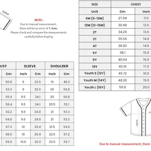 May include: Baseball jersey size chart with measurements in inches and centimeters. Includes bust, length, sleeve, and shoulder dimensions for various sizes, from XS to 5XL, and for children's sizes.